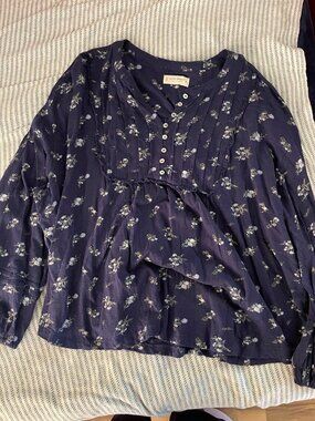 Lucky Brand Navy Blue Floral Pintuck Button Front Boho Peasant Blouse Top